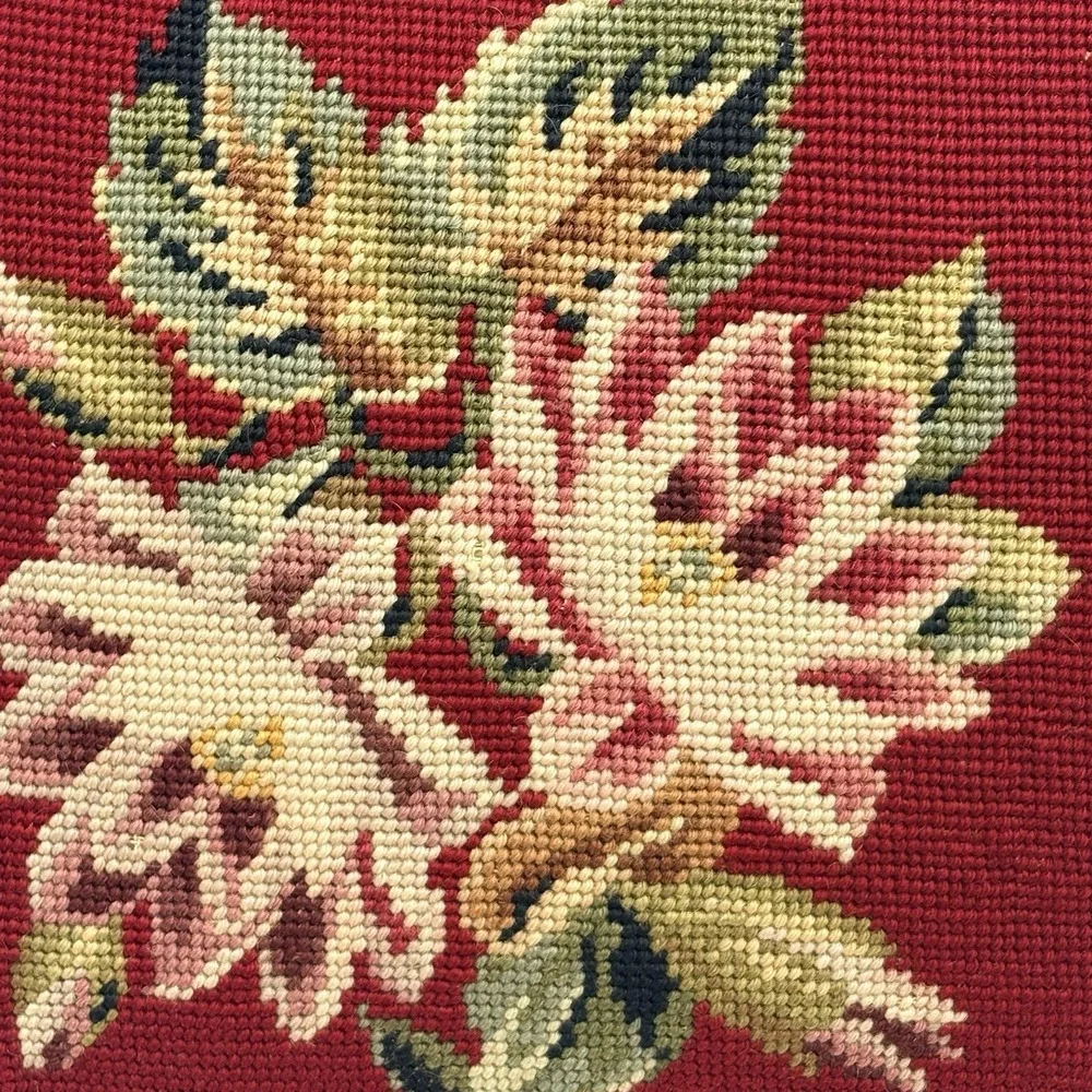 VTG Needlepoint Throw Pillows Burgundy Red Velvet Floral Handmade 14